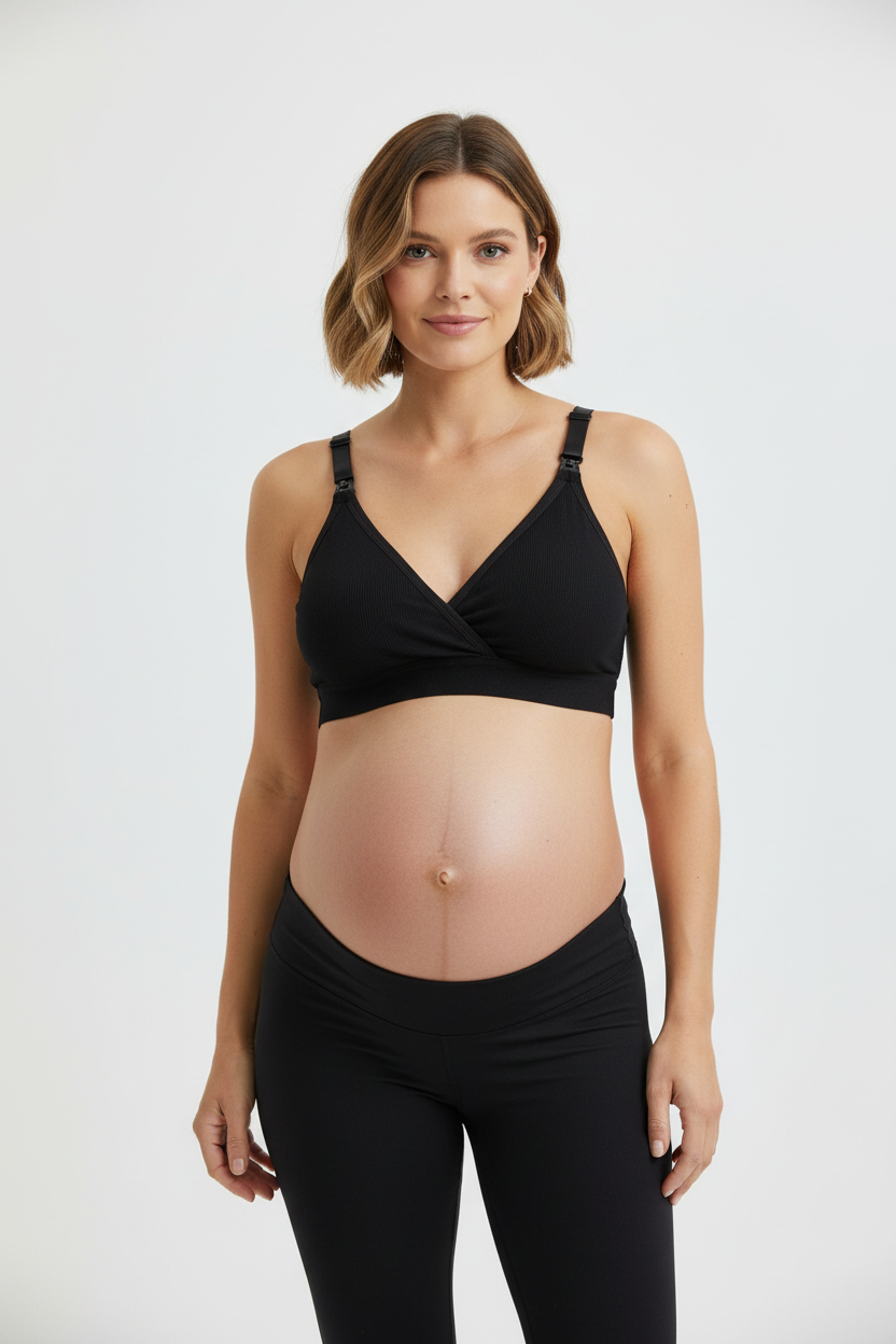 Studio photo of model wearing black maternity nursing bra